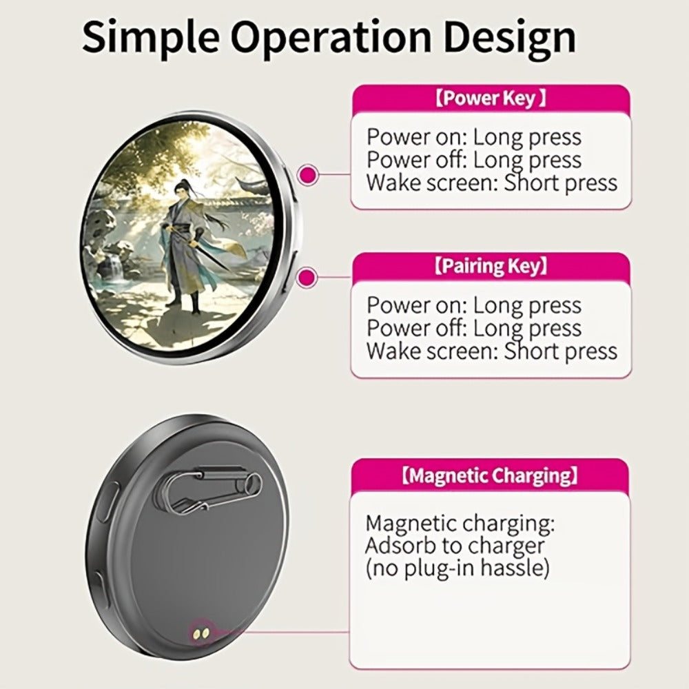 Electronic Anime Badge with Display Screen – Dynamic Touch, High Frame Rate, 600mAh Battery, Bluetooth 6.0 & USB Magnetic Charging | Digital Brooch for Cosplay, Concerts & Anime Fans | Black White Purple