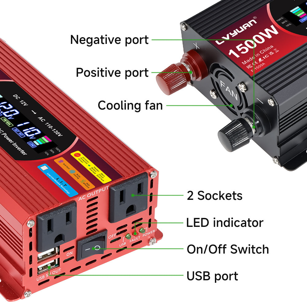 1500W (Peak) Car Power Inverter DC 12V to 110V/120V AC Converter with LCD Display Dual AC Outlets and Dual USB Car Charger for Car Home Laptop Truck Red.
