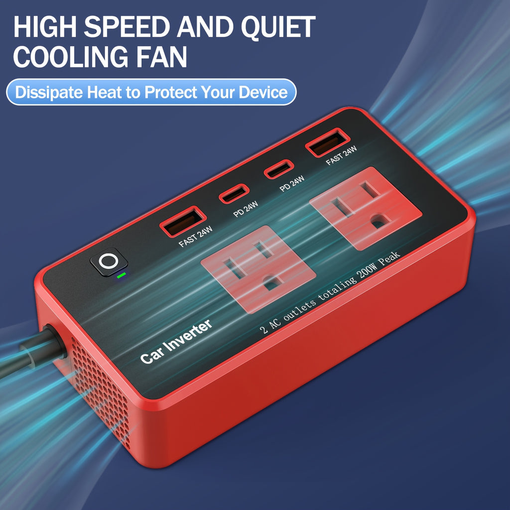 Car Power Inverter 200W, 12V DC to 110V AC Converter Car Outlet Adapter Outlet Fast Car Charger 4 USB Ports 24W [PD & QC 3.0 USB C USB A] Type C Vehicle Power Supply Car Plug Outlet for Road Trips, Camping, Without Battery