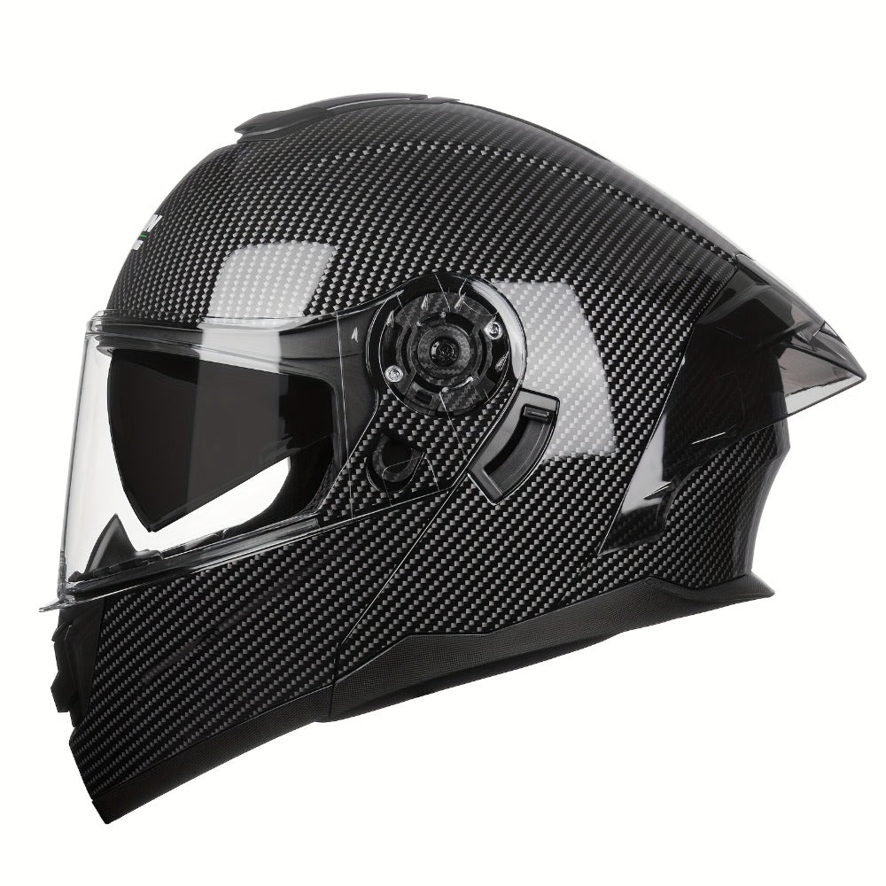 Carbon Fiber Pattern Motorcycle Helmet – Modular Flip-Up Full Face Helmet, Lightweight Motorbike Helmet for Men & Women, Street Riding Safety Helmet M/L/XL