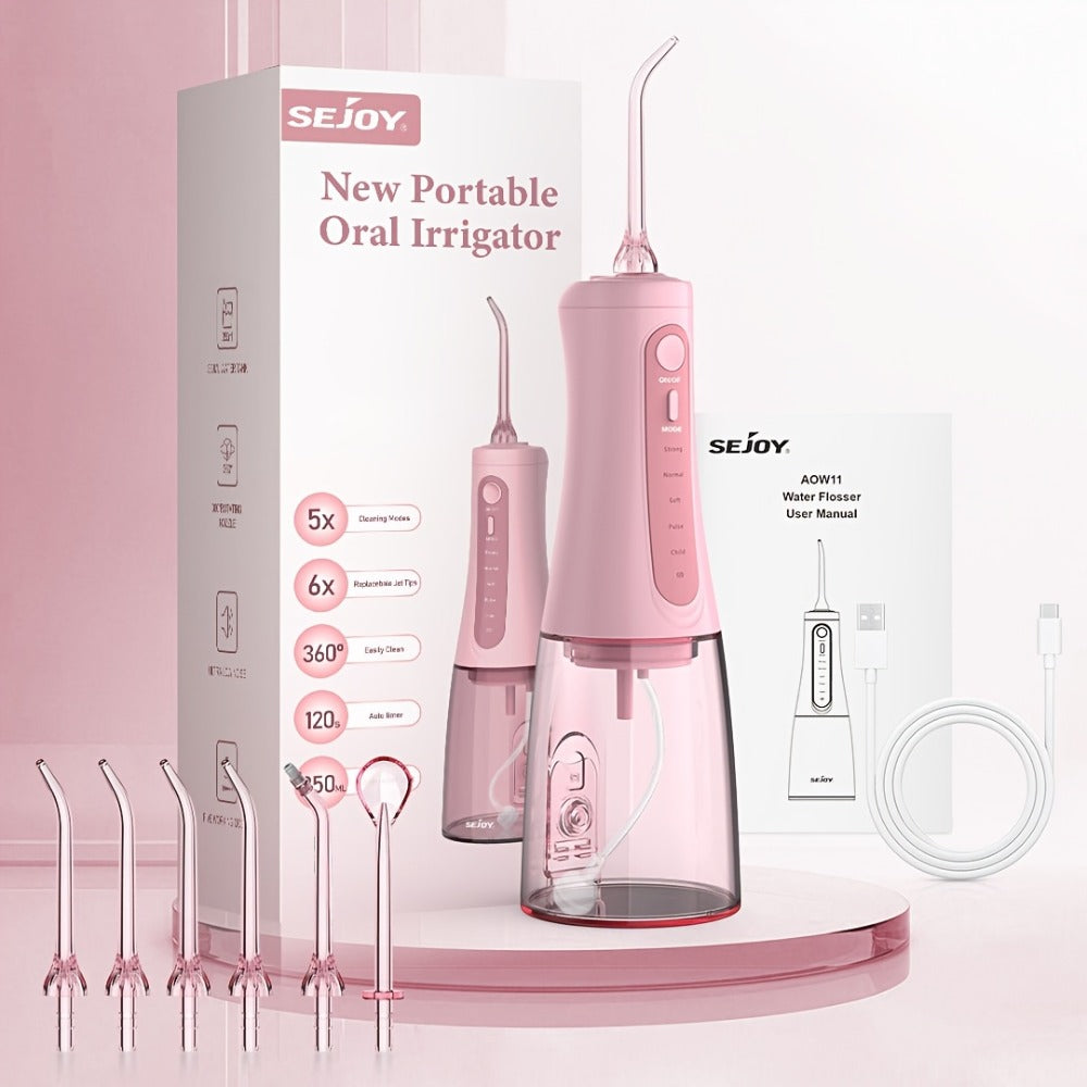Cordless Water Flosser Oral Irrigator 5 Modes — 6 Interchangeable Tips, IPX7 Waterproof, 350ml Tank, Rechargeable, Ideal for Braces, Bridges & Implants, Home & Travel Teeth Cleaning