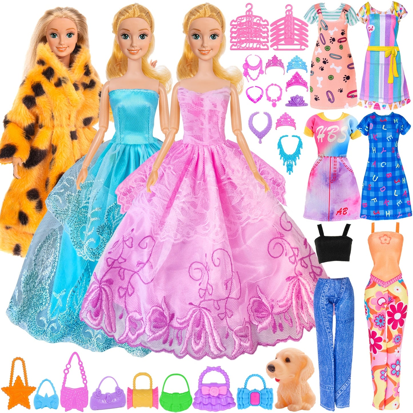 50Pcs Barbie Doll Clothes and Accessories Set for 11.5 Inch Fashion Dolls – Fur Coat Princess Dresses Outfits Shoes Crowns Necklaces Bikini & More, Girls Birthday Christmas Gift Ages 3+ No Doll Included