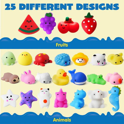 Mini Mochi Squishies 25 Pack – Assorted Animals & Fruit Squishy Toys for Kids Party Favors, Easter Eggs, Goodie Bags, Classroom Prizes & Birthday Gifts