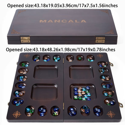 4-Player Mancala Game Set – Premium Solid Wood Folding Board with 108 Multi-Color Glass Stone Beads & Instructions, Upgraded Multiplayer Strategy Game for Teens & Adults, Perfect Family Gift Ages 14+