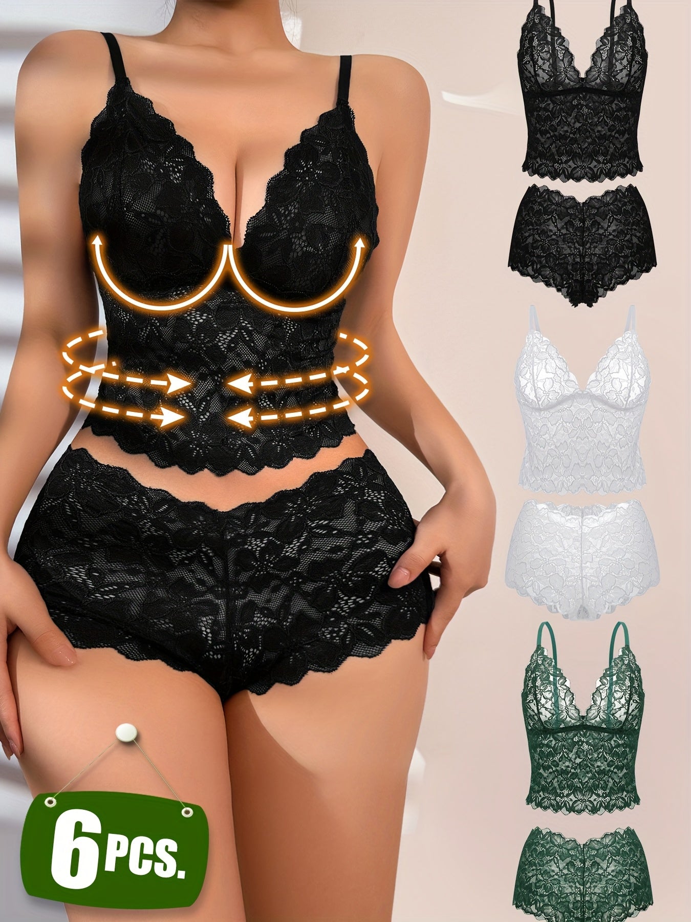 6-Pack Women's Bra and Panty Lingerie Set - Floral Lace Coordinated Style