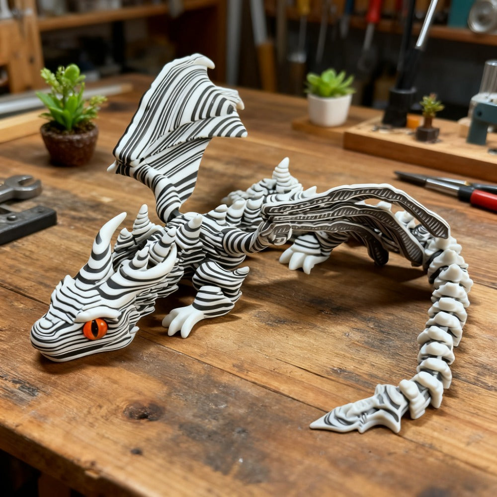 Articulated Cybernetic Dragon Statue – 3D Printed Black & White Swirl Fidget Figurine with Random Eye Color, Poseable Collectible Fantasy Art for Desktop Display, Cool Gift for Teens & Adults 14+