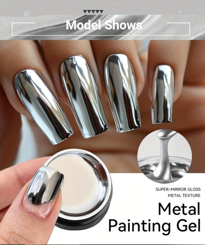 Mirror Metallic Nail Art Painting Gel with Built-In Brush 0.24oz — Metal Effect UV LED Soak Off Silver Chrome Line Drawing Flower Geometric DIY Home Salon Manicure Women Nail Artists