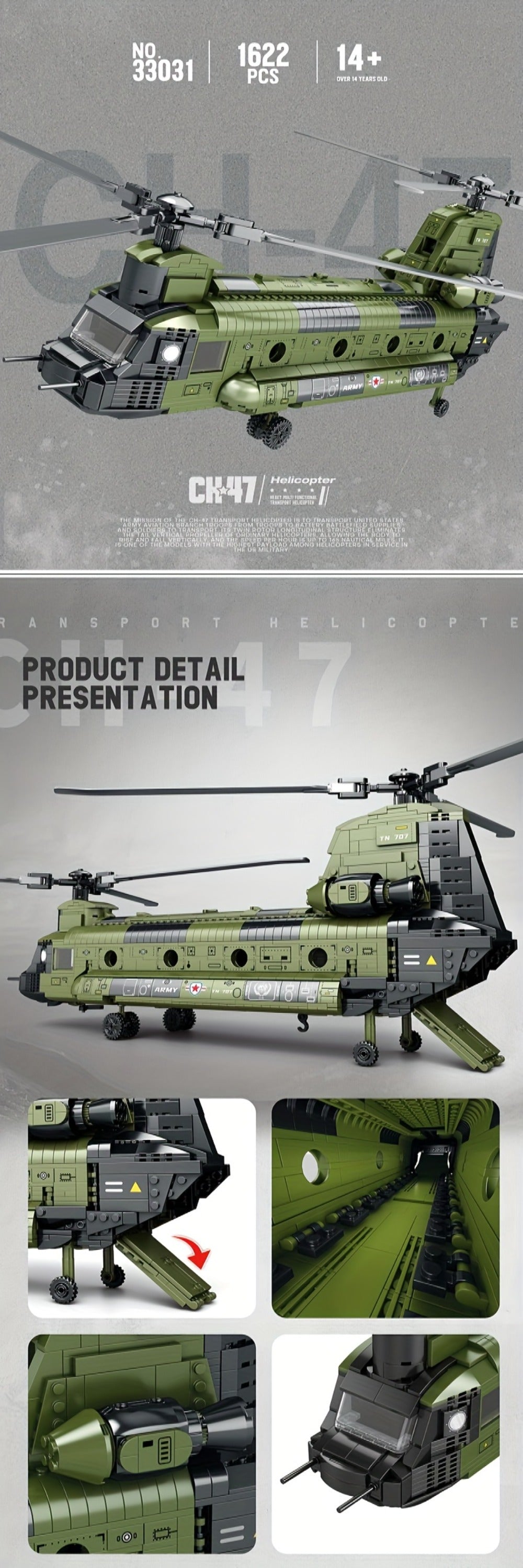 Chinook Helicopter Building Blocks Set 1622 Pcs – US Military CH-47 Transport Helicopter MOC Model Kit Adults Teens Aviation Military Fan Christmas Birthday Father's Day Gift
