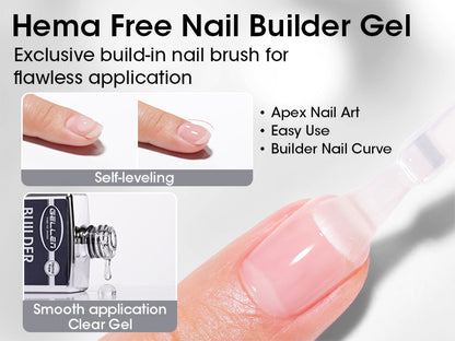 Clear Builder Gel HEMA-Free 5-in-1 2pcs 1.35oz — Nail Extension Strengthener Apex Construction Art Sealing & Repair | Soak-Off UV LED 28+ Days Chip-Proof Wear for Sensitive Skin Salon & Home Use