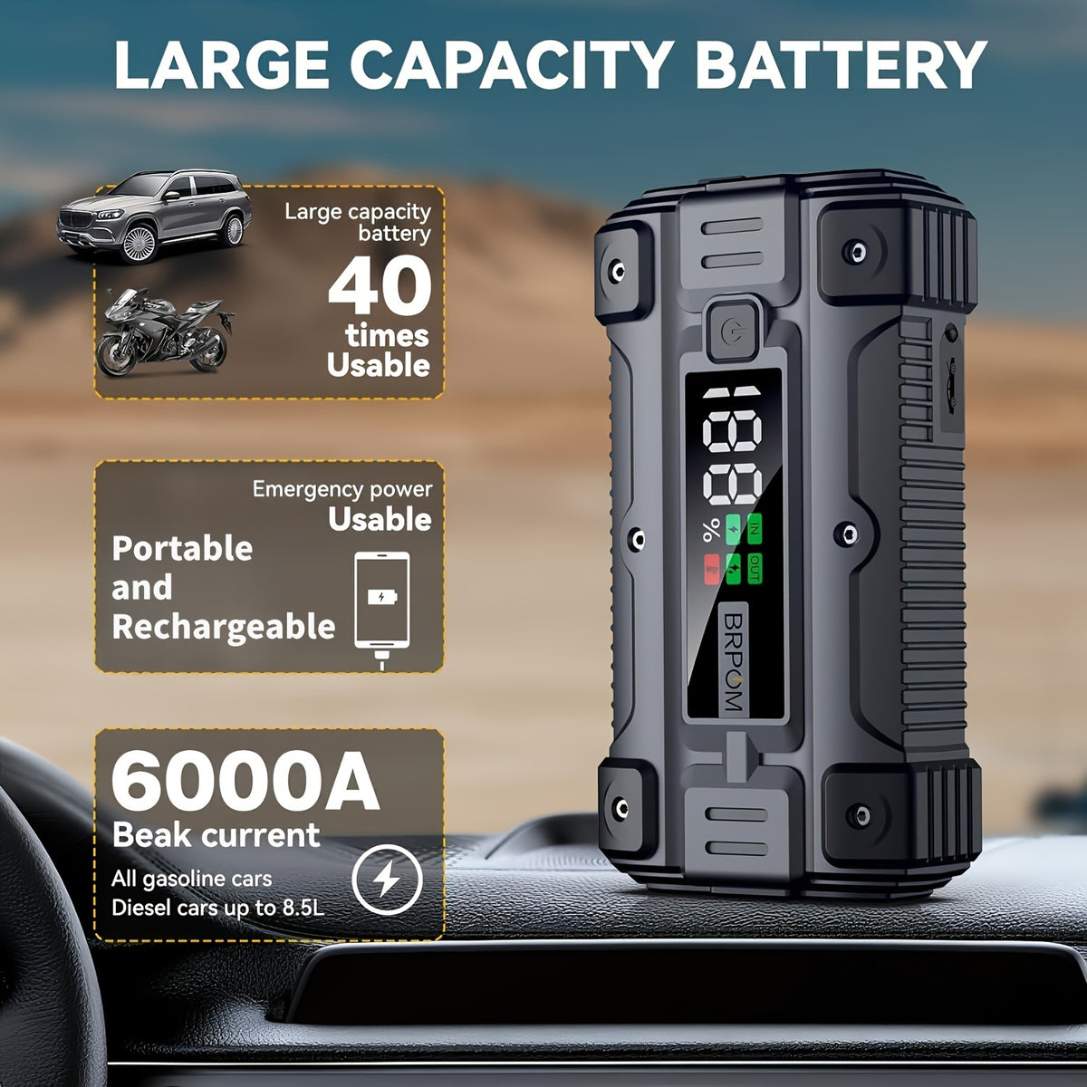 Car Jump Starter, 6000A Peak 26800mAh (Up to All Gas or 2.64gal Diesel Engine, 50 Times) 12V Auto Booster Battery Charger Jump Box with Quick Charger Smart Jump Cables with LED Screen