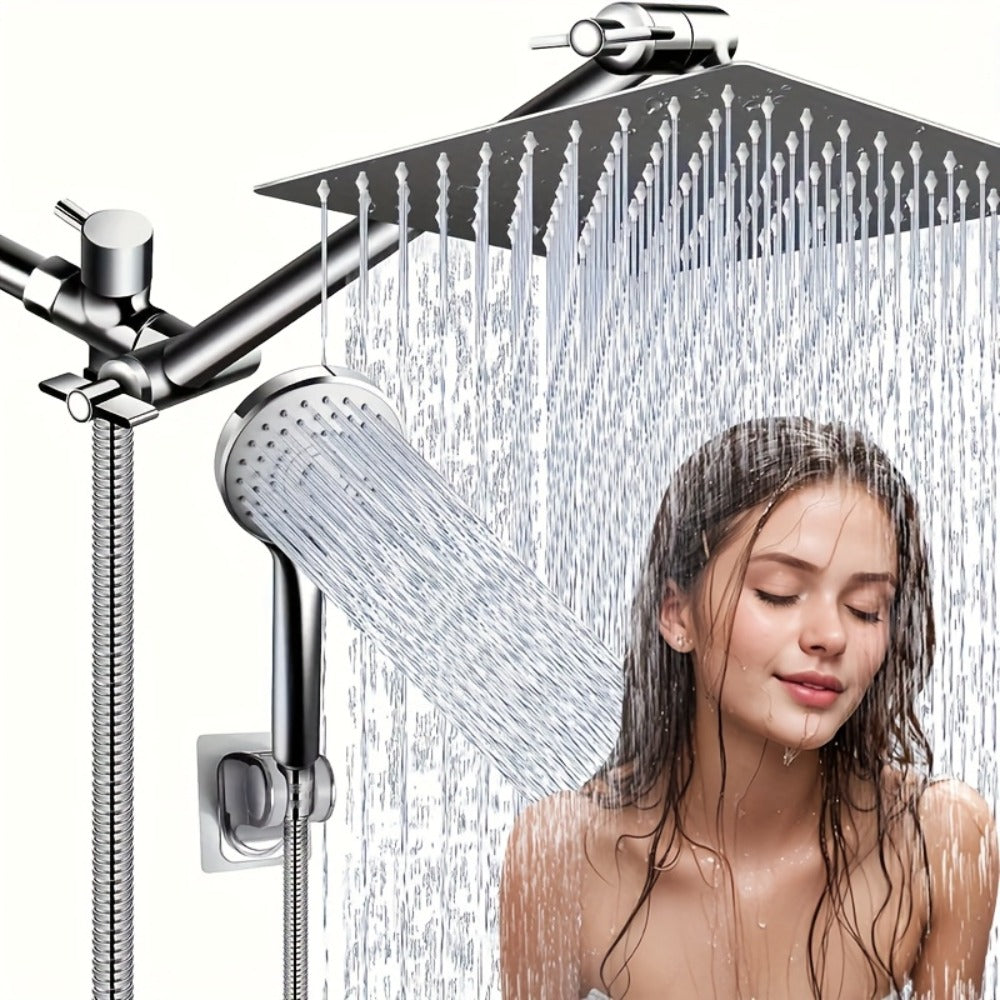Rainfall Shower Head with Handheld Combo – 8" High Pressure Rain Shower, 5-Setting Adjustable, Anti-Leak with 11" Extension Arm, Holder & Hose, Height & Angle Adjustable