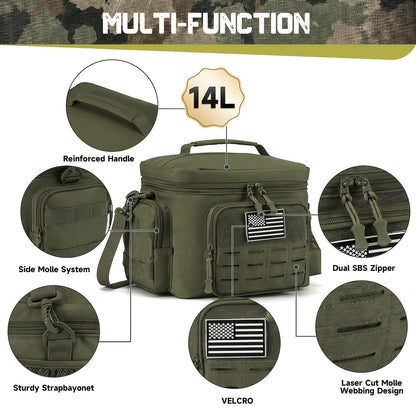 Tactical Insulated Cooler Lunch Box with MOLLE Webbing – Expandable & Leakproof, 3.7 Gal or 18L, for Hunting, Camping, Work & Outdoor Picnics – Black, Green or Khaki