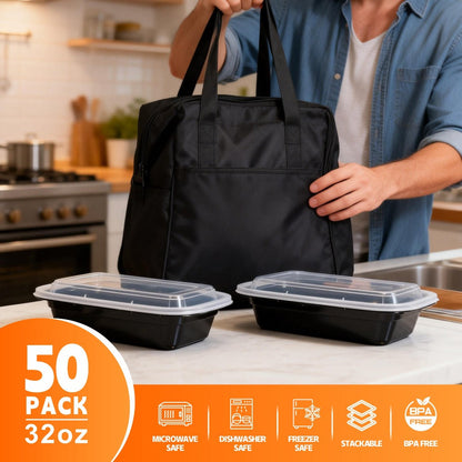 Meal Prep Containers with Lids 50 Pack BPA Free – 32oz & 38oz Stackable Disposable Plastic Food Storage Containers, Microwave Dishwasher Freezer Safe | Restaurant, Catering, Home Kitchen & Lunch Boxes