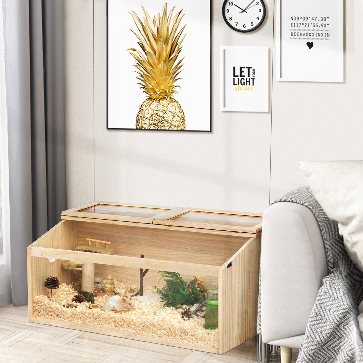 Large Hamster Cage Wooden Enclosure – 32"L x 16"W x 16"H with Acrylic Window & Openable Top | Small Animal Habitat for Guinea Pig, Chinchilla & Gerbil | Clear Visibility, Ventilated, Easy Clean