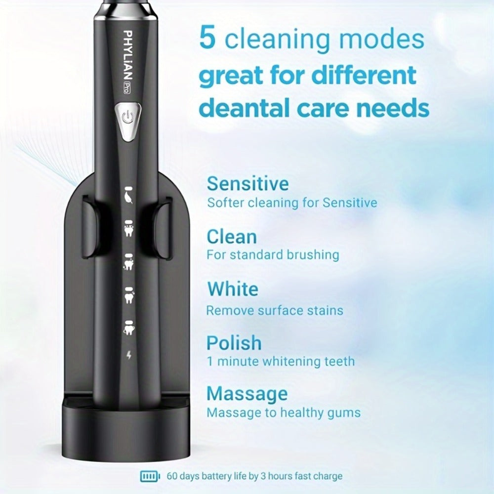 Sonic Electric Toothbrush for Adults Rechargeable – 5 Cleaning Modes 6 DuPont Brush Heads 40000 VPM 120-Day Battery 2-Minute Smart Timer Whitening Sensitive Polish Massage USB Charge Travel Ready Pink Black Purple