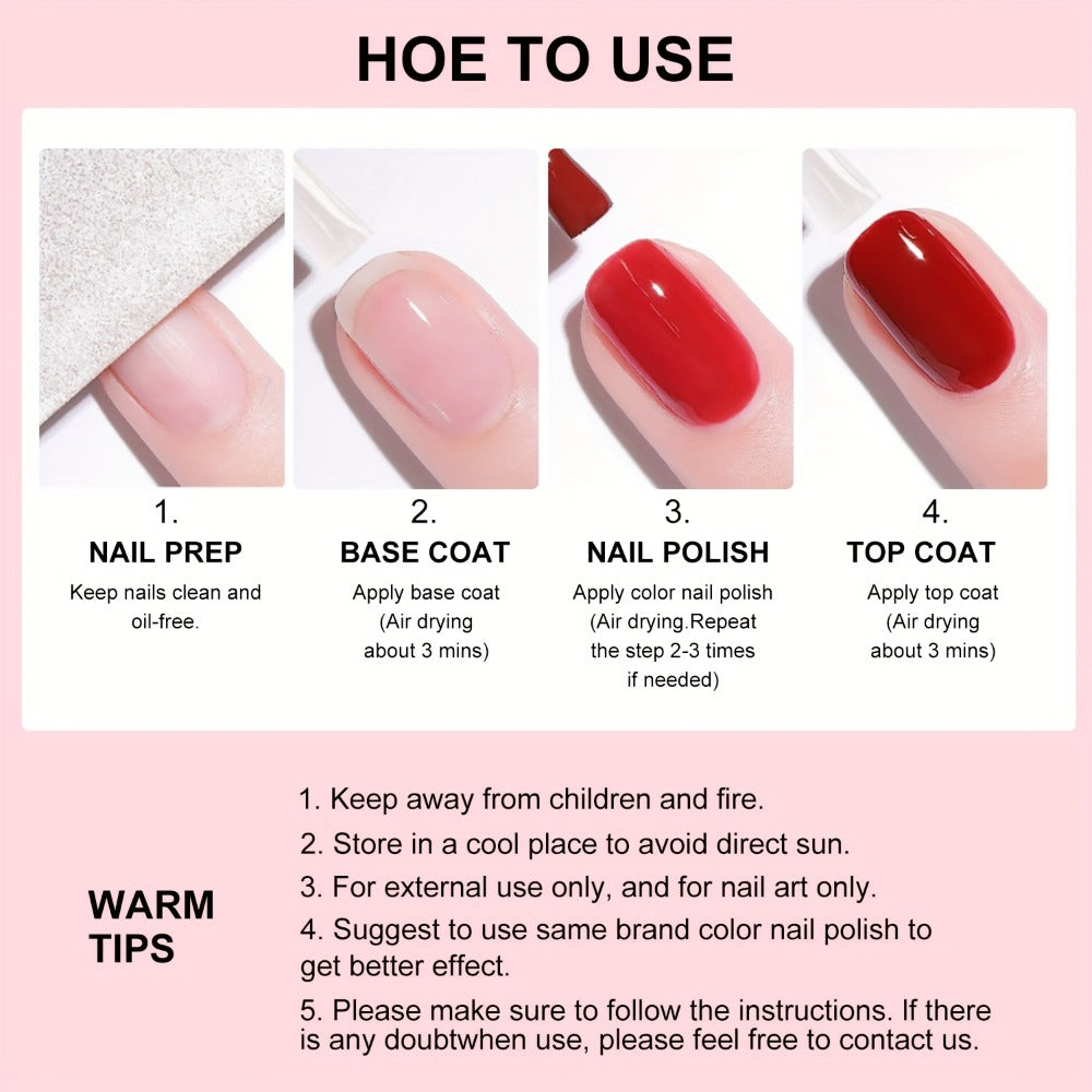 Nail Base Coat and Top Coat Kit — High Gloss Long-Lasting Air Dry Non-Gel Nail Care Set with Nutrient Oil & Drying Agent, Professional Home Manicure Treatment Essentials for Women (15ml / 0.5oz Each)