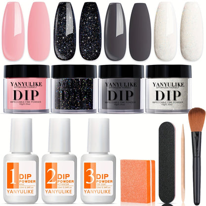 Dip Powder Nail Starter Kit 4 Colors Soft Gray Pink Black Glitter with Base Coat Top Coat Activator No Lamp French Nail Art Salon Style Manicure Set for Beginners Women