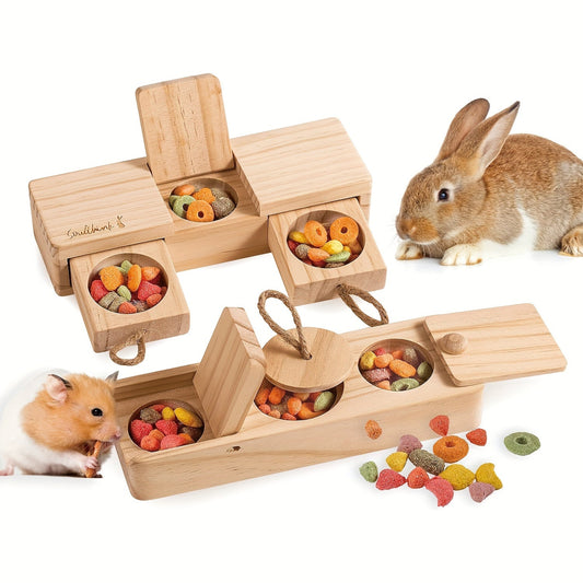 Rabbit Enrichment Toy Wooden Interactive Treat Dispenser – Sniff N’ Snack Puzzle Box for Bunnies, Hamsters & Guinea Pigs | Boredom Buster Foraging Toy Better Than Snuffle Mat, 2 Sets