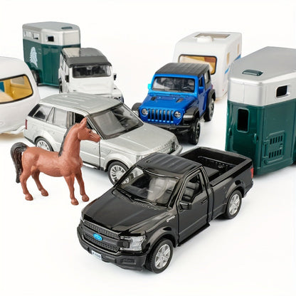 RMZCity 1:36 Scale Zinc Alloy Pull Back Car with Horse Trailer & Horse Vehicle – Openable Doors Diecast Toy Set for Kids & Adults, Birthday Christmas Gift (4 Models)