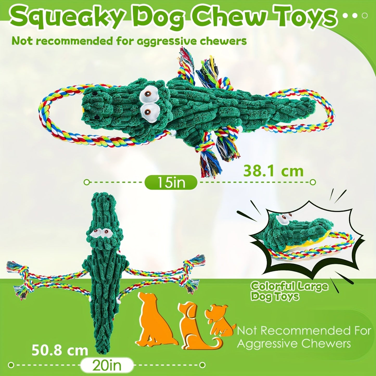 Squeaky Rope Dog Toy Crocodile Shape – Durable Cotton Rope Chew & Tug Toy with Built-In Squeaker, Teeth Cleaning, for Small Medium Large Dogs & Aggressive Chewers
