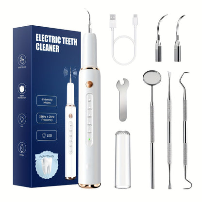 Ultrasonic Tartar Remover Electric Tooth Cleaner 5-Speed IPX6 Waterproof USB Rechargeable Dental Scaler with LED Light Mirror 2 Tips Plaque Stain Removal Tool for Home Oral Care Adults