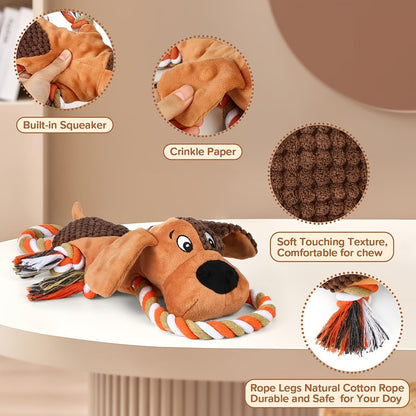 Squeaky Dog Toys for Aggressive Chewers - Interactive Tug of War Rope Toy, Crinkle Plush Chew Toys for Small Medium Large Dogs, Durable Pet Play Toy with Hidden Squeaker