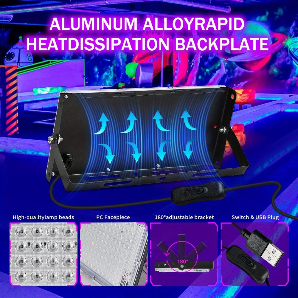 UV Black Light Flood Light 144 LED 385-400nm with USB Plug & Switch – Glow in the Dark Effect for Halloween Party Stage Lighting Body Paint Neon Poster Blacklight, Durable Plastic, 4 Pack