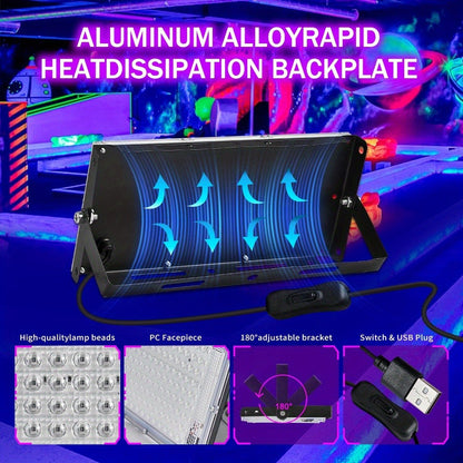 UV Black Light Flood Light 144 LED 385-400nm with USB Plug & Switch – Glow in the Dark Effect for Halloween Party Stage Lighting Body Paint Neon Poster Blacklight, Durable Plastic, 4 Pack