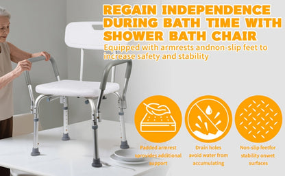 Shower Chair with Armrests & Backrest – Height Adjustable Aluminum Bath Seat, 350 LBS Capacity, Non-Slip Rubber Feet, Cushioned Support for Elderly, Disabled & Post-Surgery, Fits Most Showers & Tubs