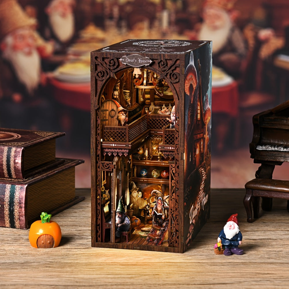Book Nook Kit Dwarf's House DIY Miniature Bookshelf Insert – Dark Wood 3D Wooden Puzzle Decor for Adults, Unique Birthday 4th of July Christmas Gift for Women & Book Lovers (KT01)