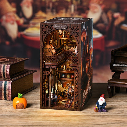 Book Nook Kit Dwarf's House DIY Miniature Bookshelf Insert – Dark Wood 3D Wooden Puzzle Decor for Adults, Unique Birthday 4th of July Christmas Gift for Women & Book Lovers (KT01)