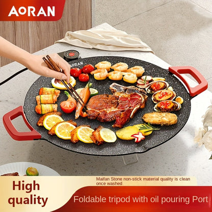 Korean BBQ Grill Pan – Round Non-Stick Multi-Functional Electric Grill Pan with Red Handle & Adjustable Settings, Home & Outdoor BBQ Pot for Family Gatherings, Available in 14.17" & 15.75"