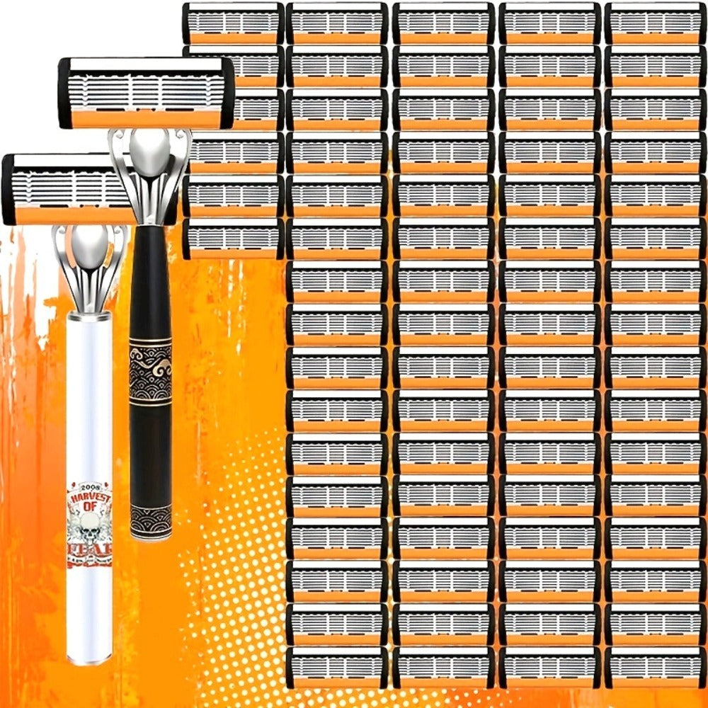 Men's Safety Razor Set 72 Blades 2 Non-Slip Handles Progressive Classic Style Painless Shaving Kit – Close Shave Replacement Blade Razor for Daily Face Neck Grooming, Birthday Father's Day Gift for Him