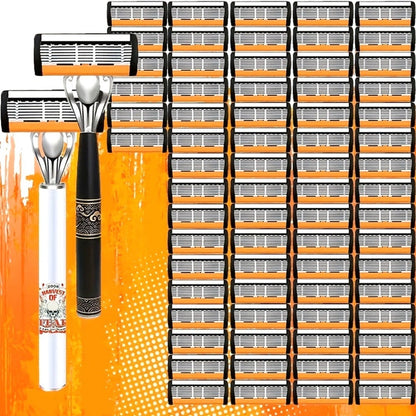 Men's Safety Razor Set 72 Blades 2 Non-Slip Handles Progressive Classic Style Painless Shaving Kit – Close Shave Replacement Blade Razor for Daily Face Neck Grooming, Birthday Father's Day Gift for Him