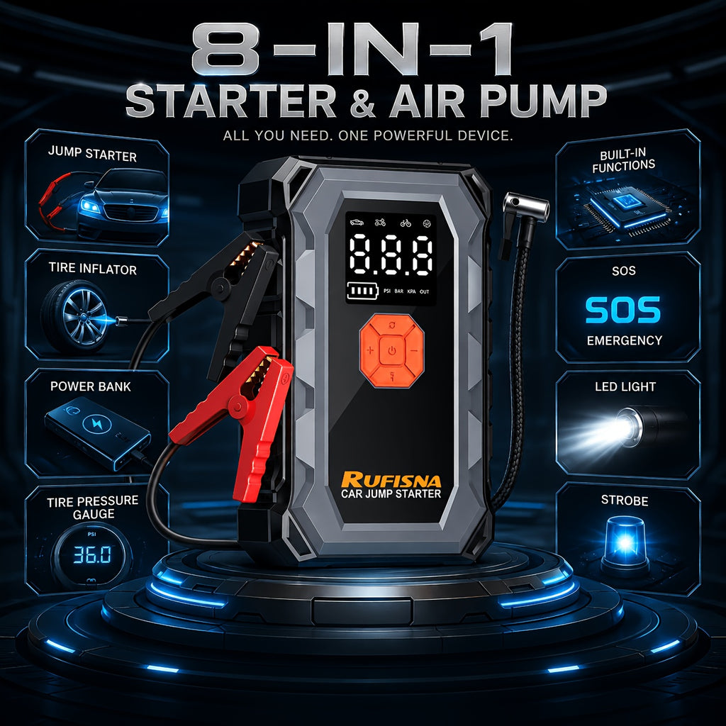 15000A-18000A Peak Jump Starter with Air Compressor, 12V Car Battery Charger, 150 PSI Fast Tire Inflator, All-in-One Emergency Power Bank, LED Flashlight, USB Output, Heavy Duty Jump Starter for Gas & Diesel Cars, SUV, Truck, Roadside Rescue Kit.