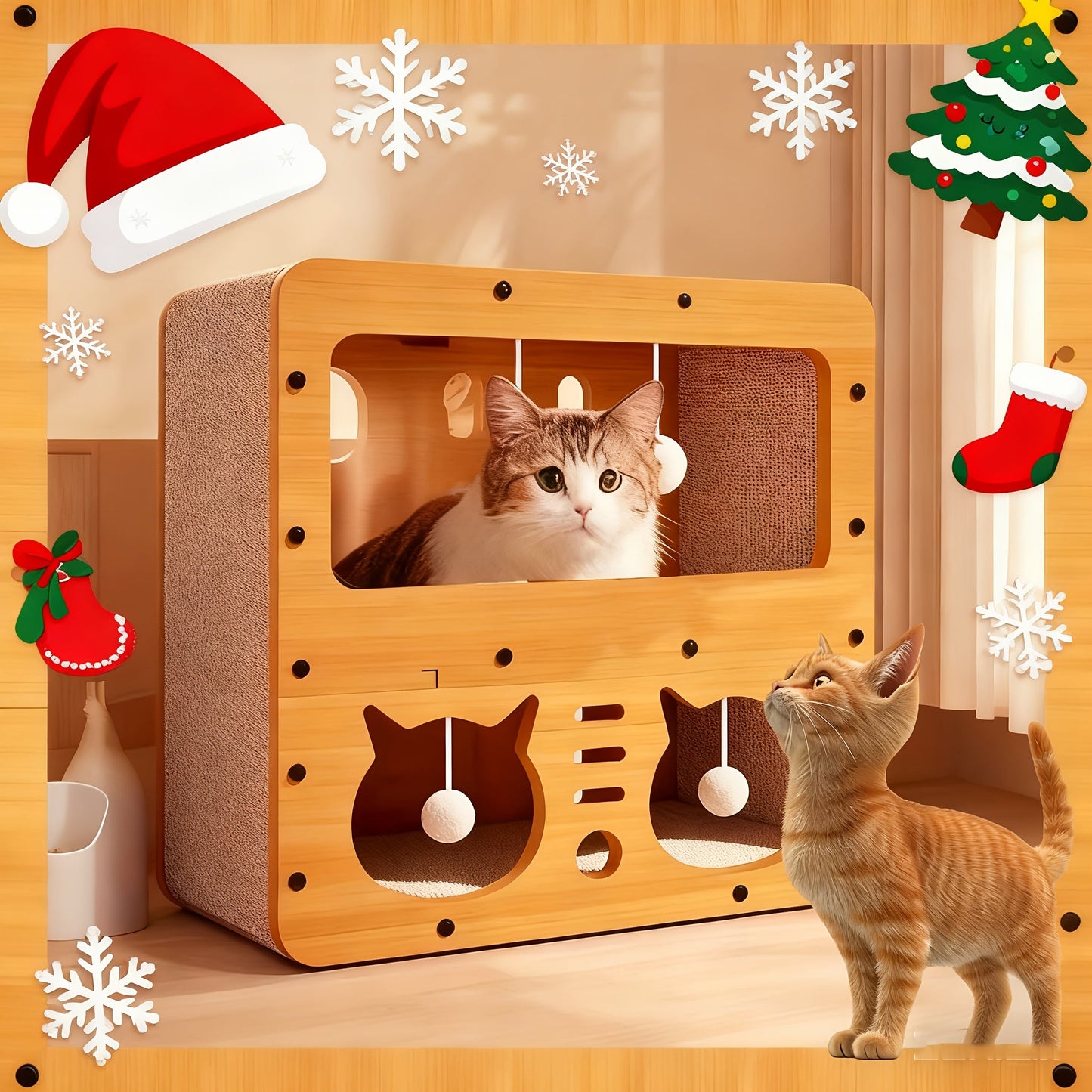 Large Cat House with Scratcher Pad & Plush Ball Toys, Ventilated Multi-Functional Indoor Outdoor Cat Shelter, Easy Assembly Single Door Double Door Luxury Double-Layer Cat Condo, Festival Gift