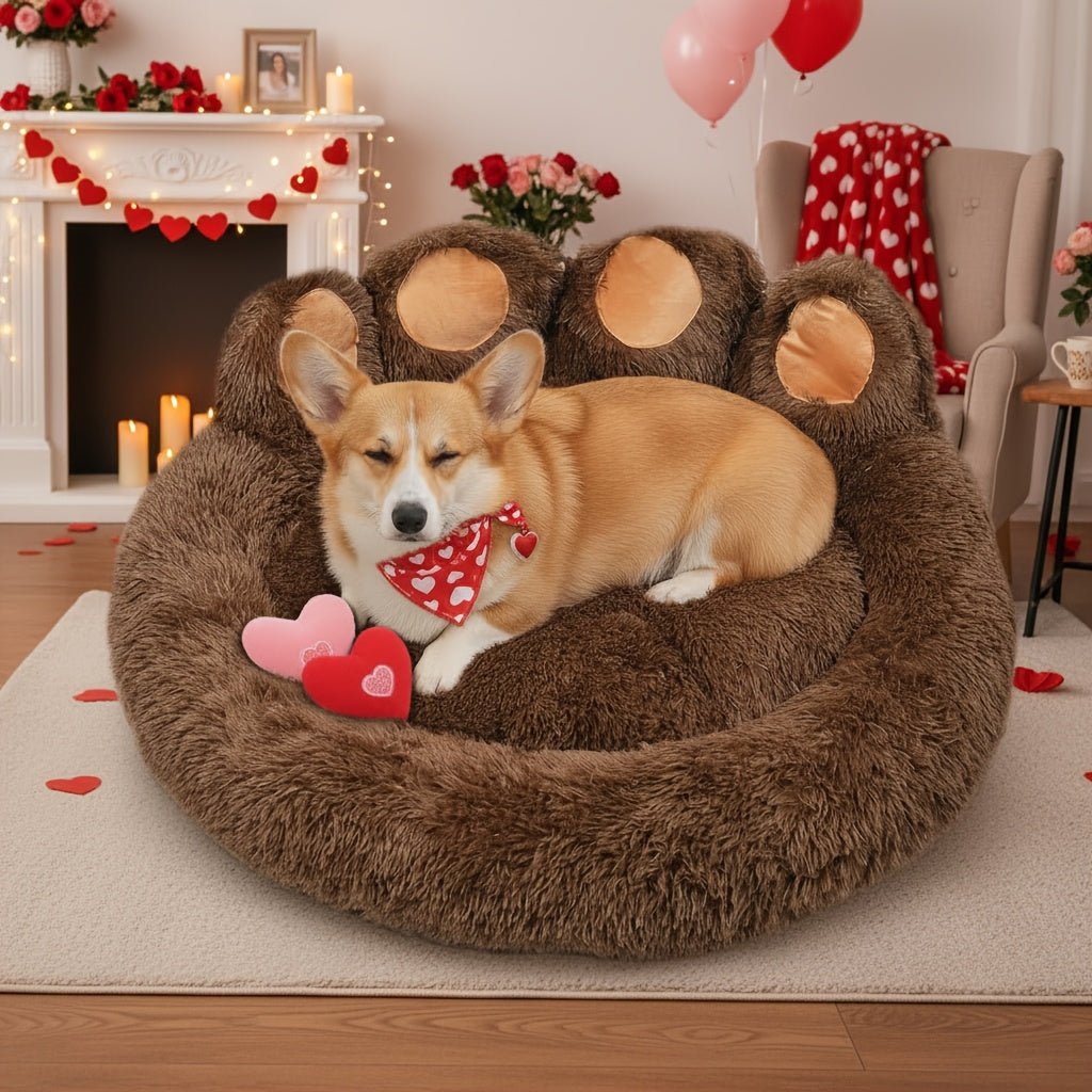 Dog Bed Cat Bed Bear Paw Shaped Donut – Calming Round Plush Pet Mattress, Warm & Soft Cuddler Bed for Dogs and Cats, Includes Pet Scarf, Sizes S to 2XL, Colors: Coffee, Pink, Grey, Brown