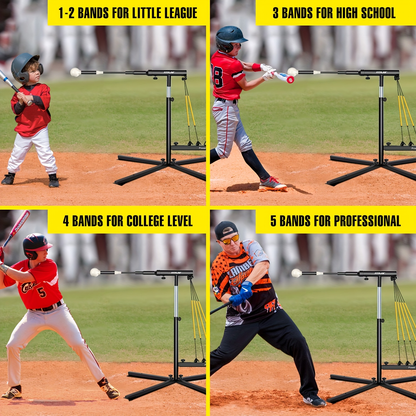 Baseball Swing Trainer with 5 Power Bands & Auto Reset System – Height Adjustable 31–47 Inch Portable Batting Trainer with Sturdy Base & Carry Bag for Indoor Outdoor Use, All Skill Levels