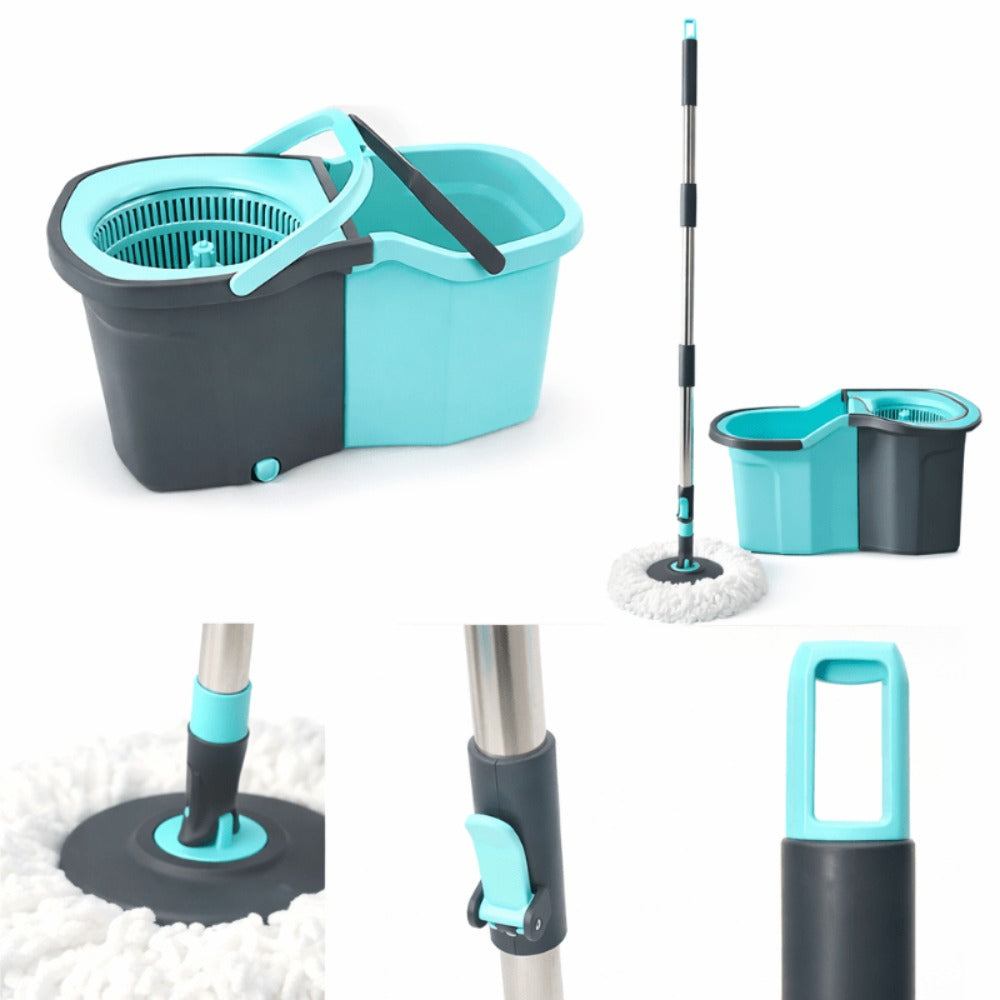360 Spin Mop and Bucket Set with Wringer - Stainless Steel Extended Handle Spinning Mop Bucket System with Microfiber Mop Refills for Hardwood, Tile & Laminate Floor Cleaning, Black Blue Pink Red