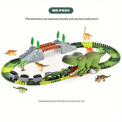 Electric Dinosaur Train Track Set 121pcs – Battery Powered Dino Swallowing Car Sliding Train Toy with Random Car Combinations for Boys Girls Kids Ages 3 4 5 6+