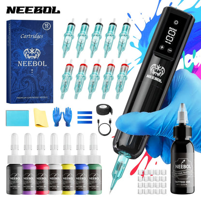 Wireless Tattoo Gun Kit – Neebol Cordless Rotary Tattoo Machine with 2000mAh Battery, 10 Cartridge Needles, 7 Inks, Green Soap & Tattoo Supplies – Portable Beginner & Artist Set