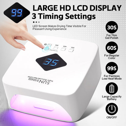 Rechargeable Wireless Nail Lamp 30 LED Beads 365+405nm UV Gel Curing Light 3 Timer Settings Infrared Sensor Portable Nail Dryer for All Gel Types Home Salon Use