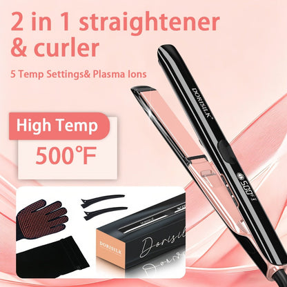 Ceramic Ionic Flat Iron Hair Straightener & Curler 2-in-1 Plasma Anti-Static 260°C 500°F LCD Display Dual Voltage 1 Inch & 2 Inch Salon Quality Black