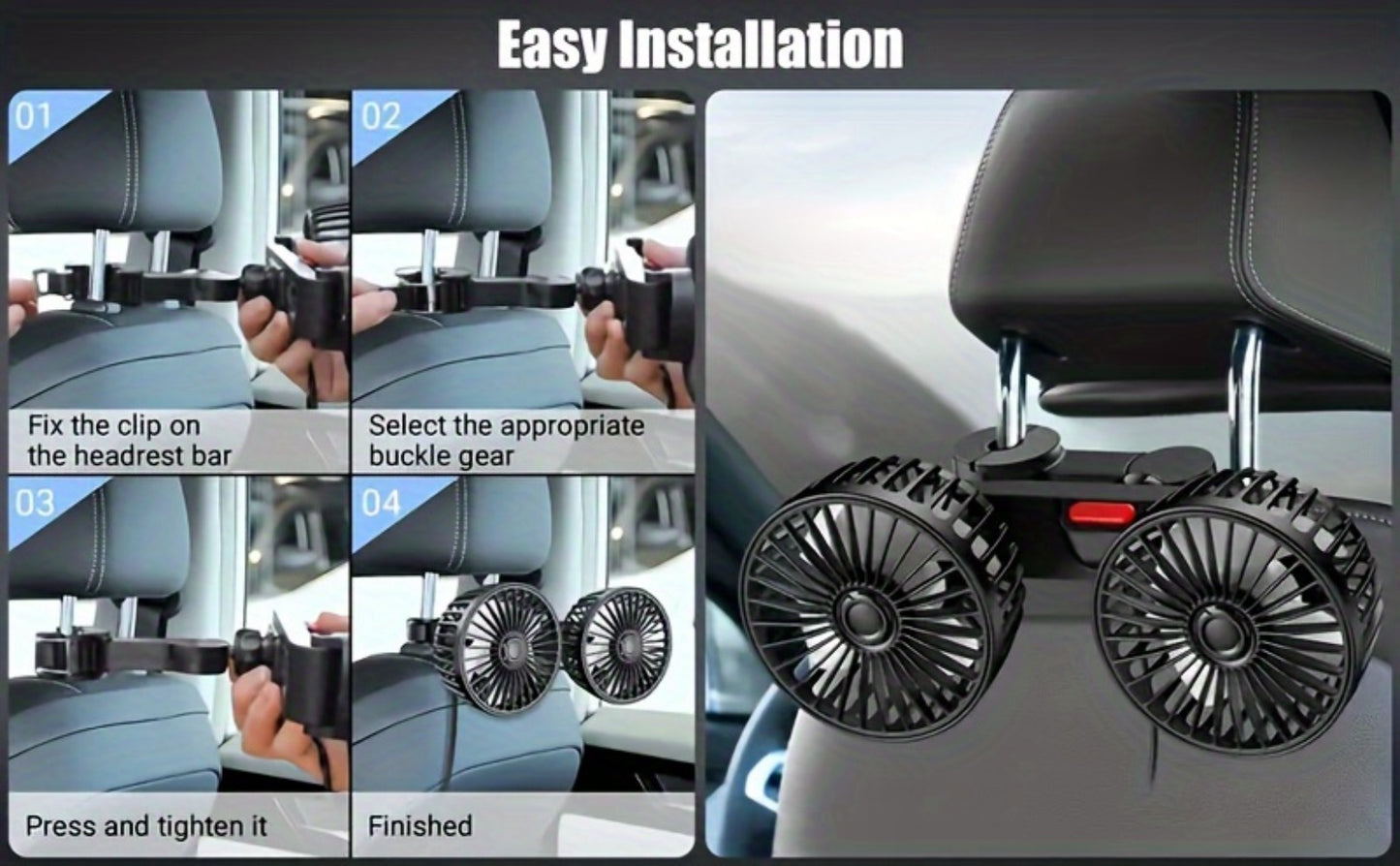 Car Fan for Back Seat - Dual Head USB Cooling Fan, Foldable 360° Rotation, Ultra-Quiet Motor, 70-Inch Cord, for Vehicle, Home & Office Use