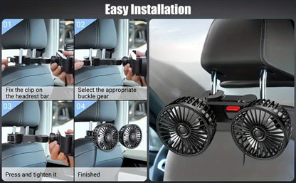 Car Fan for Back Seat - Dual Head USB Cooling Fan, Foldable 360° Rotation, Ultra-Quiet Motor, 70-Inch Cord, for Vehicle, Home & Office Use