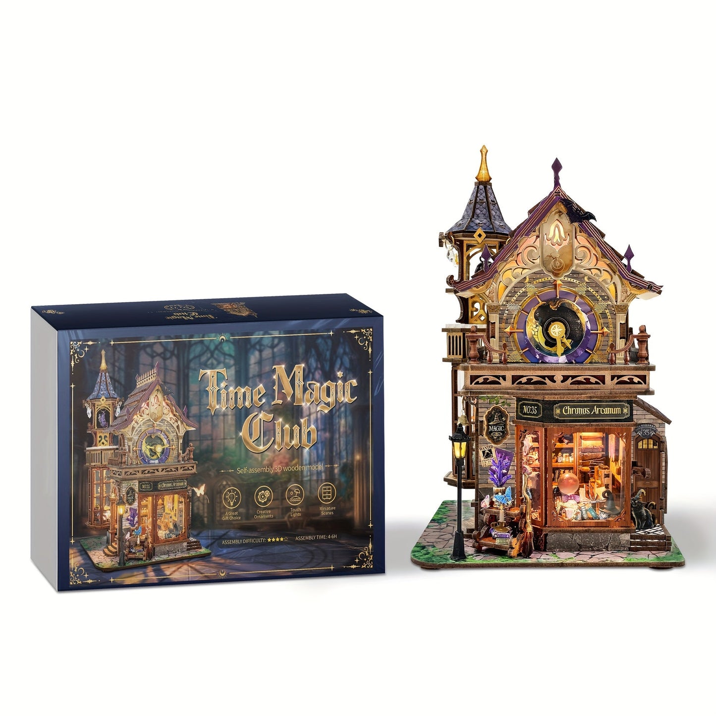 DIY Wood Miniature Bookhouse Model Kit SQ-71 Time Magic Club with Mechanical Link System – Adult Collector Dollhouse Display Piece, Unique Christmas Thanksgiving Birthday Gift for Women Teens Craft Lovers 14+