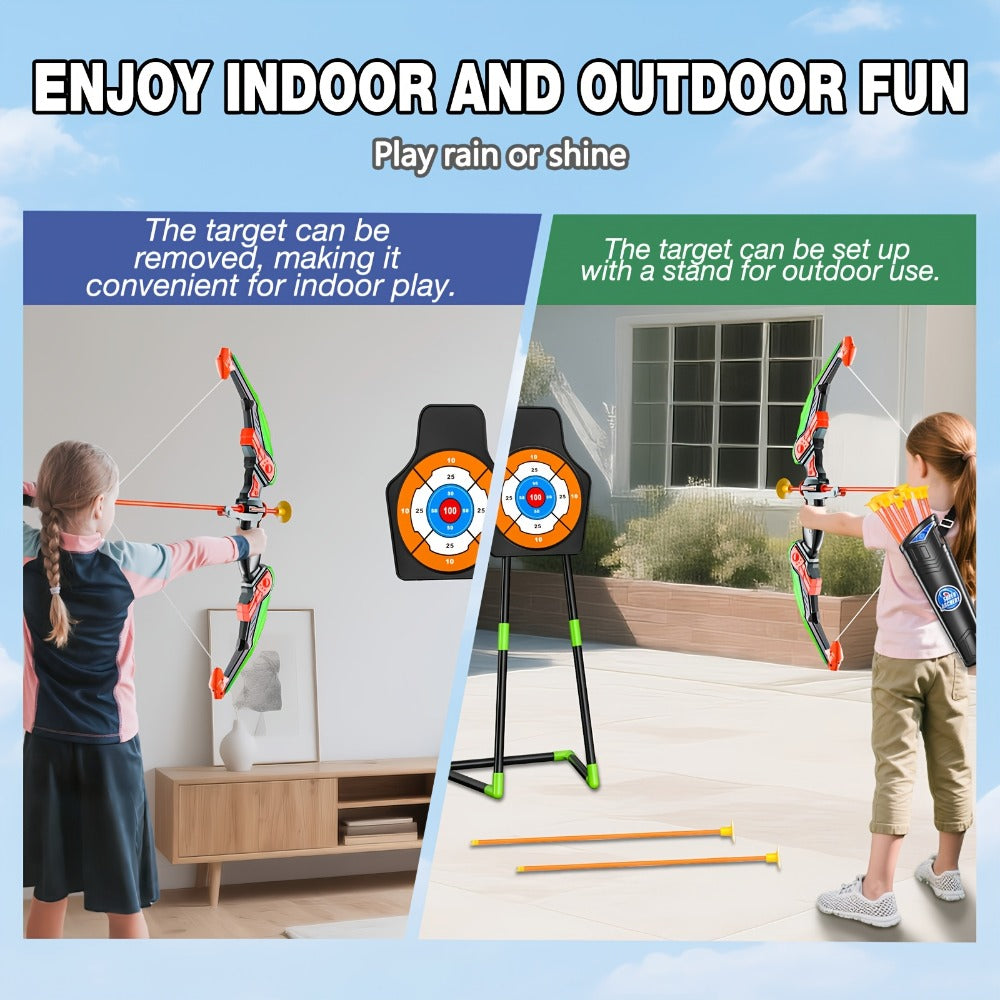 Kids Bow and Arrow Archery Set 10 Suction Cup Arrows Quiver Standing Target Safe Outdoor Toy Boys Girls Ages 3+ Birthday Christmas Holiday Gift Young Archers Green