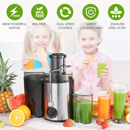 Centrifugal Juicer Machine 400W Wide Mouth Whole Fruit Vegetable Juice Extractor Stainless Steel BPA Free Easy Clean Nonslip Feet Silver