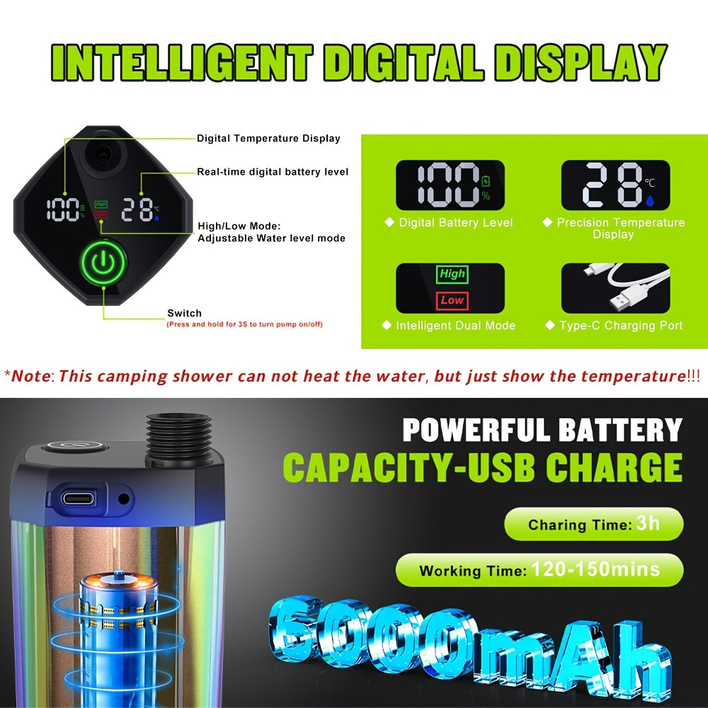 Portable Pet Shower Head with Temperature Display – 6000mAh Rechargeable Battery, 6 Spray Modes & 120-Min Runtime | Cordless Dog Bathing Sprayer for Home, Outdoor & Travel | Lightweight & Easy to Use