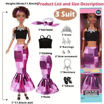 African American Fashion Doll Set 6 Pack 11.5 Inch Bohemian Curly Hair Dolls Removable Boho Outfits Headscarves Silver Necklaces Diverse Gift for Girls Kids Party Favors Birthday Christmas